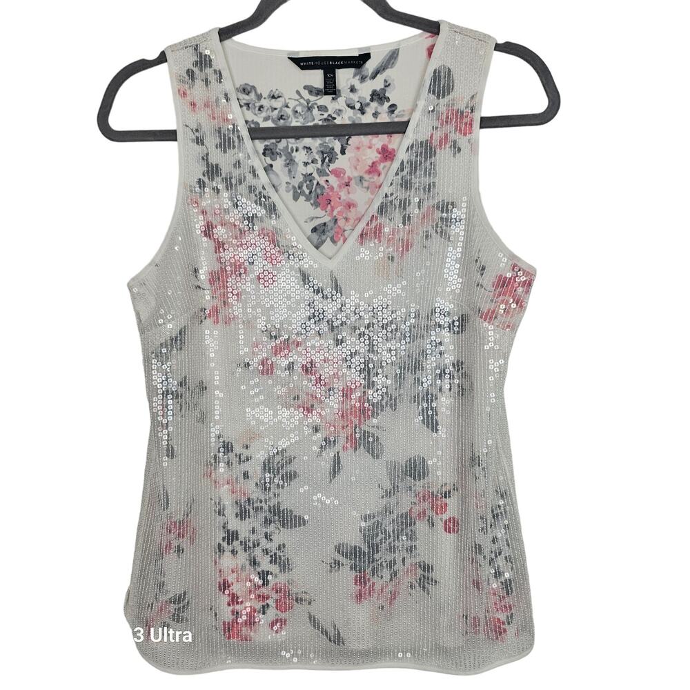White House Black Market Top Floral Blouse Sequin Top V Neck Top Women XS White